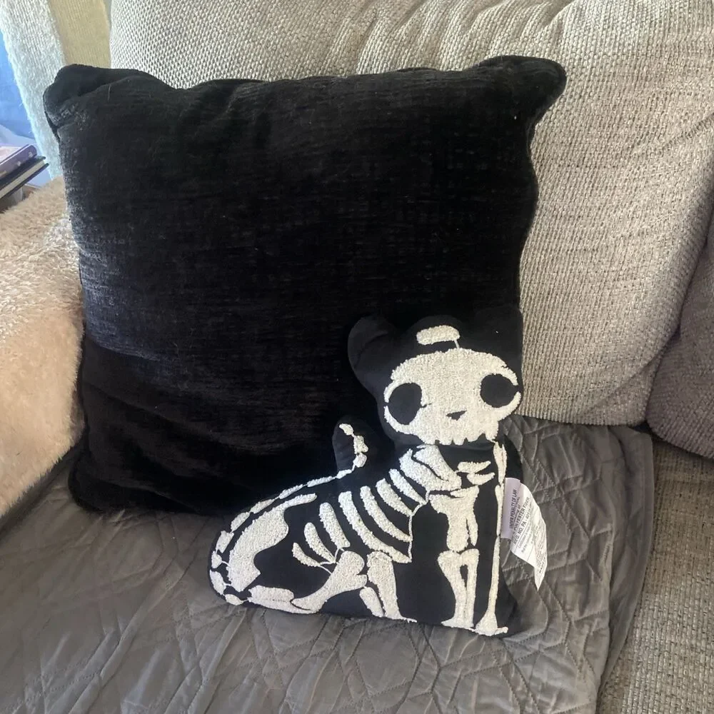 Black & White Skeleton Cat Decorative Pillow Plush Embroidered Fall Halloween
